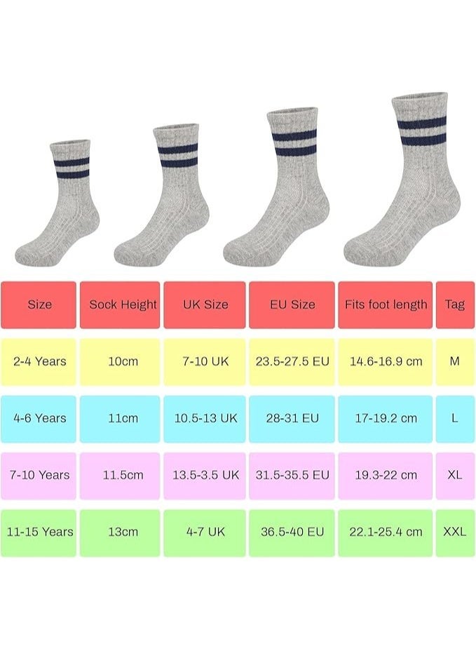 ChicAbode Kids Socks 9 Pairs, Sports Cushioned Crew Socks for Boys Girls, Black White Grey Striped Cotton School Athletic 7-10 Years - Image 3